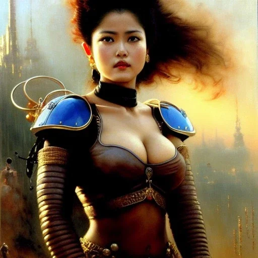 portrait beautiful face 'Female Rider on Akira Bike(1988)',busty,ancient metal armor balanciaga fashion clothe painting by gaston bussiere, greg rutkowski, yoji shinkawa, yoshitaka amano, tsutomu nihei, donato giancola, tim hildebrandt, oil on canvas, cinematic composition, extreme detail,fit full head inside picture,16k