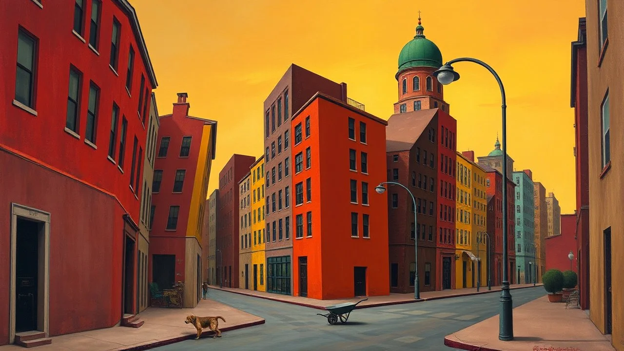 Surrealist painting depicting an urban street scene with a distorted perspective. The layout features a narrow street flanked by tall, angular buildings with exaggerated, leaning facades. The buildings are painted in vibrant colors, primarily reds, yellows, and browns, with a prominent green dome atop one structure. The street is populated with various objects, including a dog, a wheelbarrow, and street lamps with elongated, curved poles. The sky is painted in a gradient of warm colors, suggesti