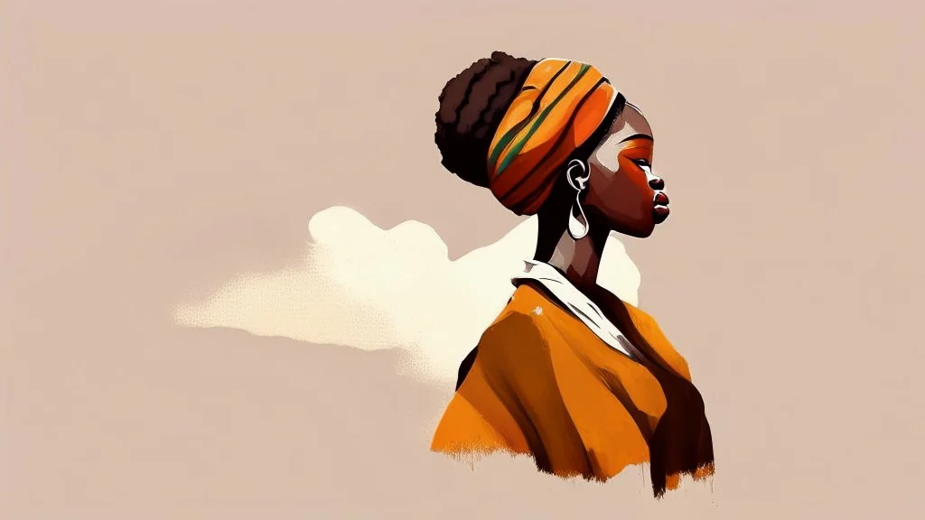 logo,Design, African woman, oil painting, featureless, graphic, drawing without facial features, background, sky, traditional clothes, cartoon, looking left