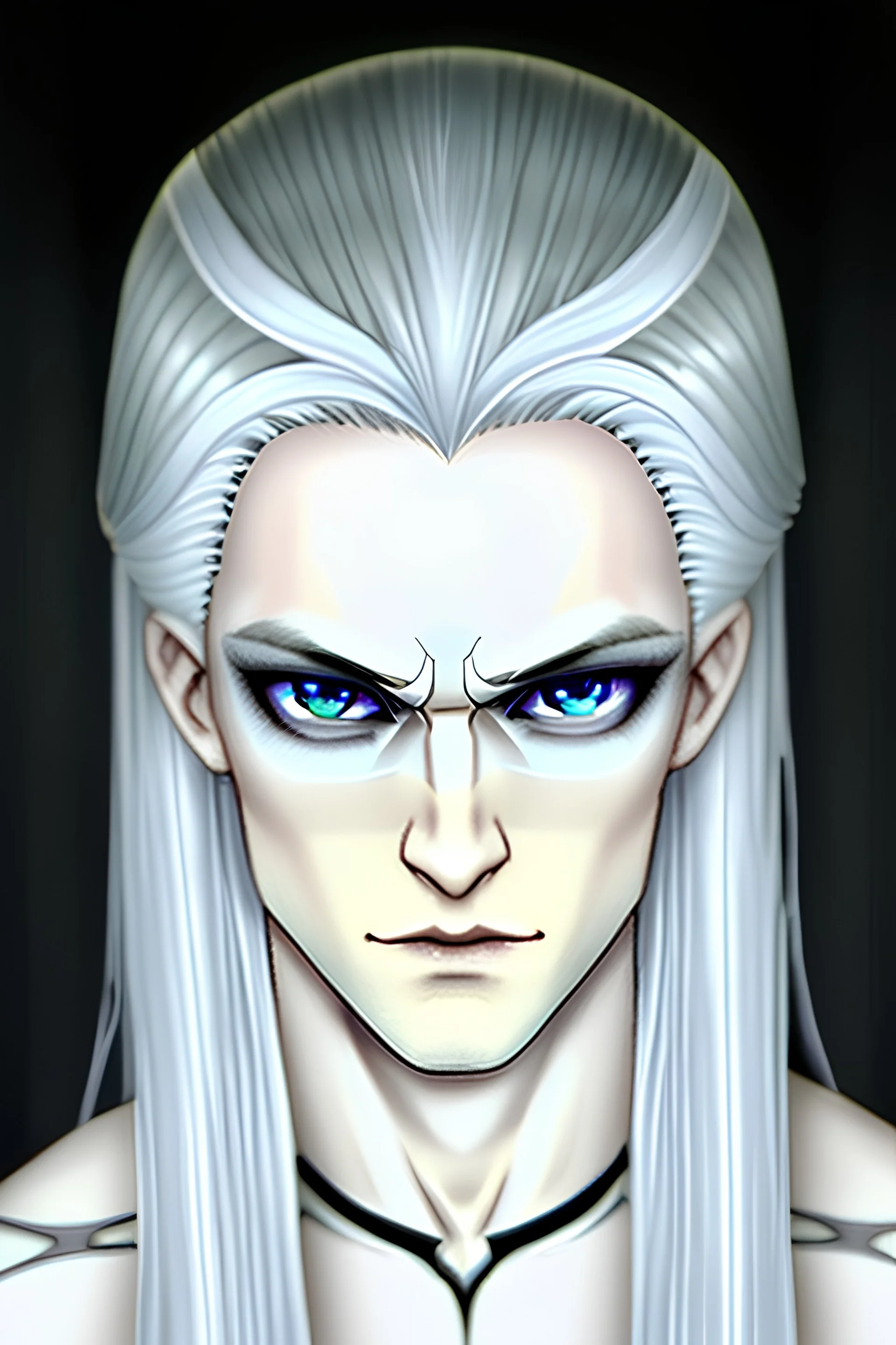 Male changeling in his late 20's with pale skin, long ashen hair and white eyes and white iris