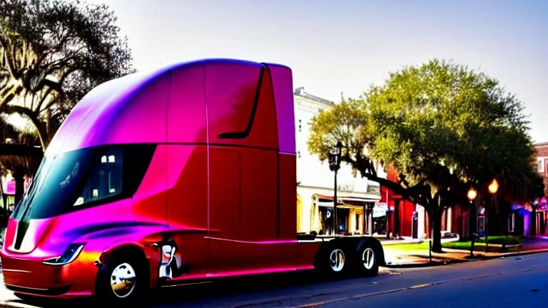 A Tesla semi-truck is parked, on the Bourbon Street, in New Orleans. CINEMATIC. WIDE ANGLE LENS.