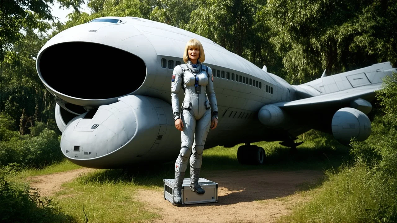 A photorealistic image of an adventurous 52-year-old lady , slender, from the future, dressed in a tailored, full-body spacesuit, stands next to her huge, wide, wingless cargo spaceship. Her uncombed, blond hair has bangs. Standing on a metal box in a jungle clearing.