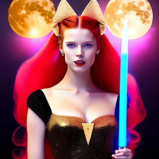 Attractive young girl with golden fire red hair wearing a galactic tiara, who is dressed like a witch casting a spell holding a quarterstaff, she has cat ears and open dazzling blue eyes, background is realistic space with a moon, the girl is on a planet, black black girl dress, full body portrait, arm colors gradient effect into stars, rendered, unity 3d, unreal engine, dslr, hdr, 4k, edited, photorealistic, normal number of appendages, freckles, artists render