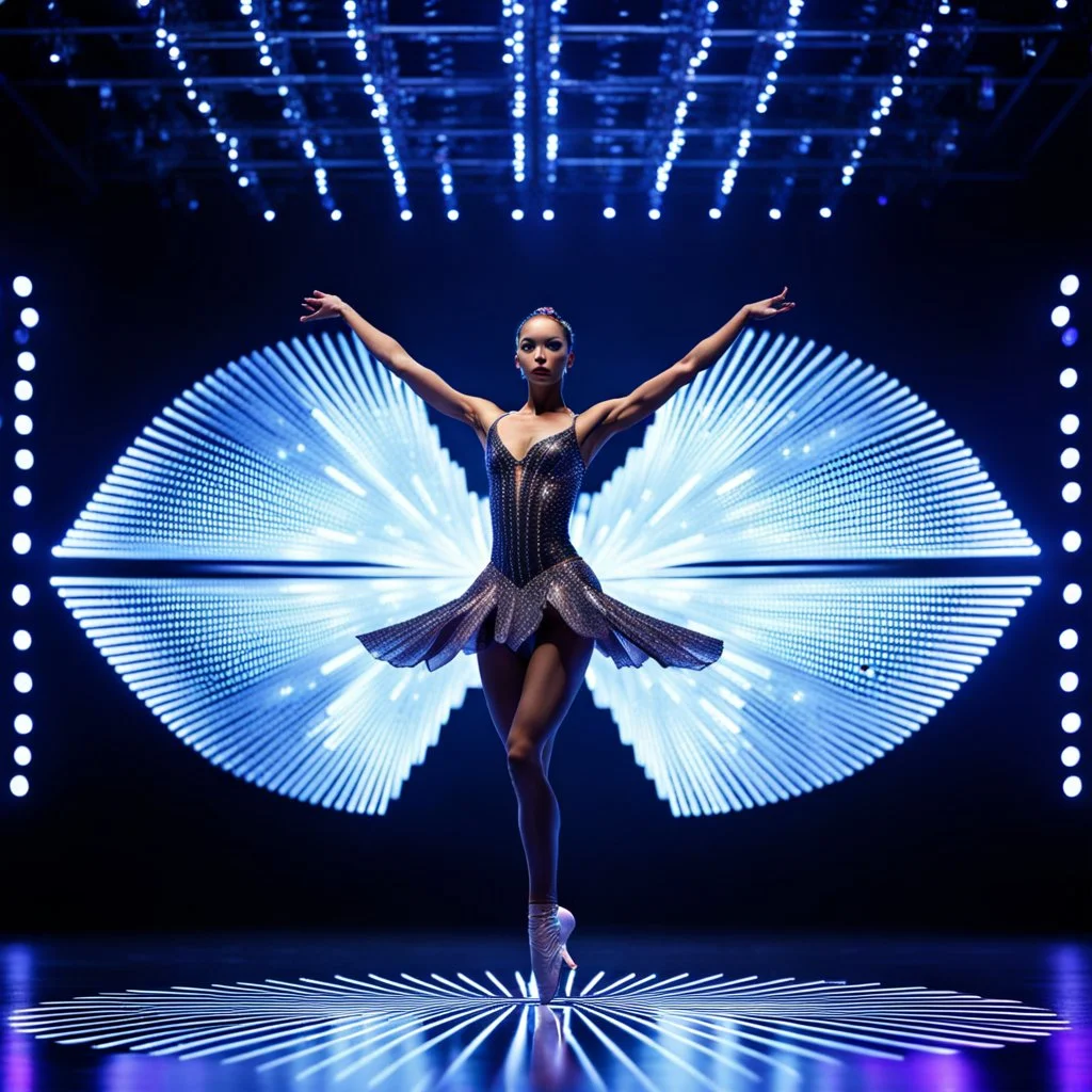 mocap graphic, balerina dancing in a 3d recursive fractal stage with disco fashing lights