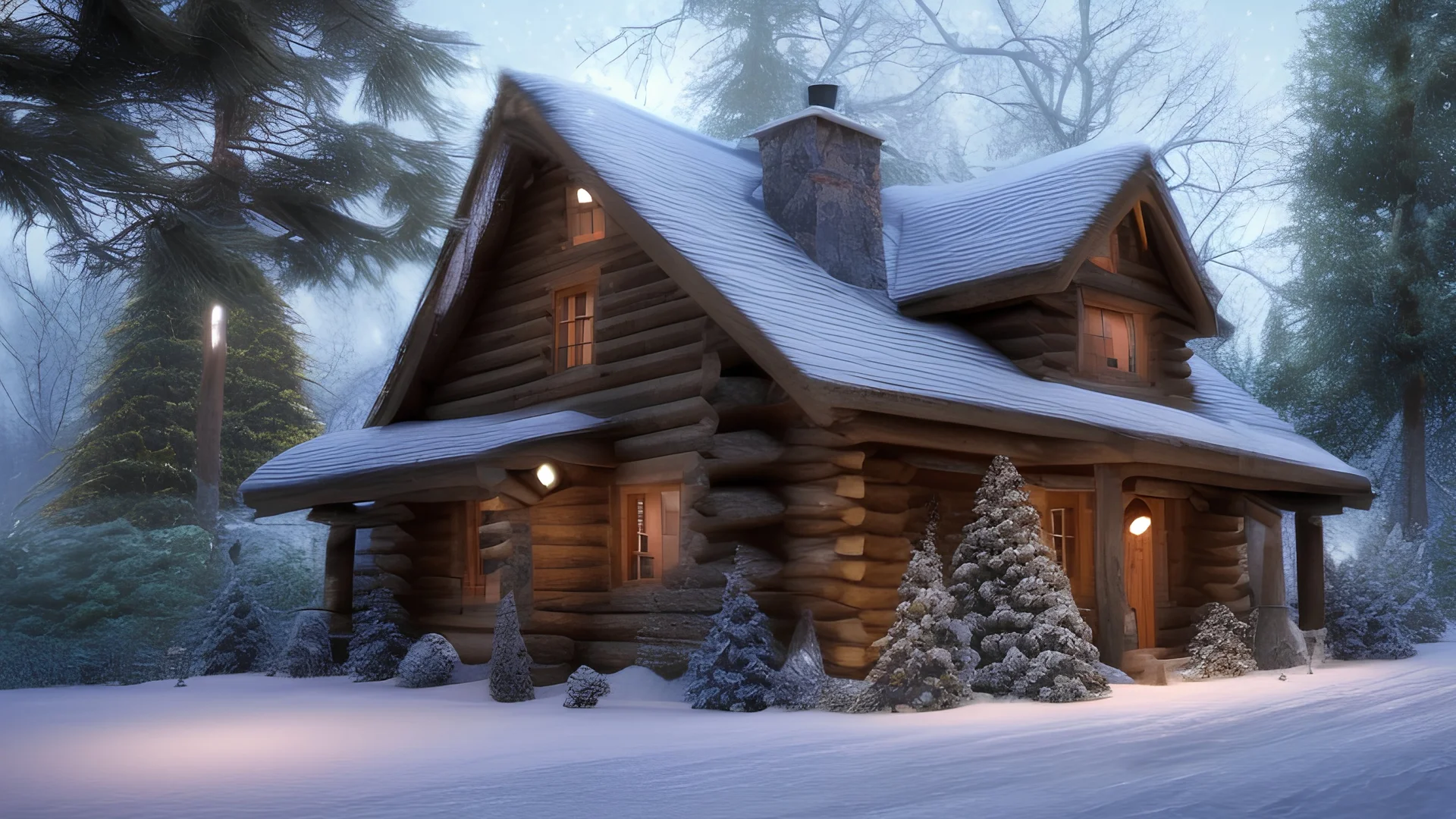 log house in the woods. snow. Christmas lights and decorations. driveway. mailbox. Christmas tree in front tog the house.