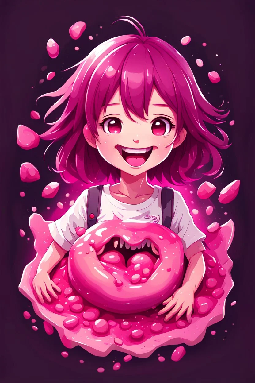 A detailed illustration Anime girl smiling crushed inside really darkpink fleshy stomach filled with digestive juices, t-shirt design, cute and quirky, fantasy art, bokeh, Adobe Illustrator, hand-drawn, digital painting, low-poly, soft lighting, bird's-eye view, focused on the character, vector logo, vector art,