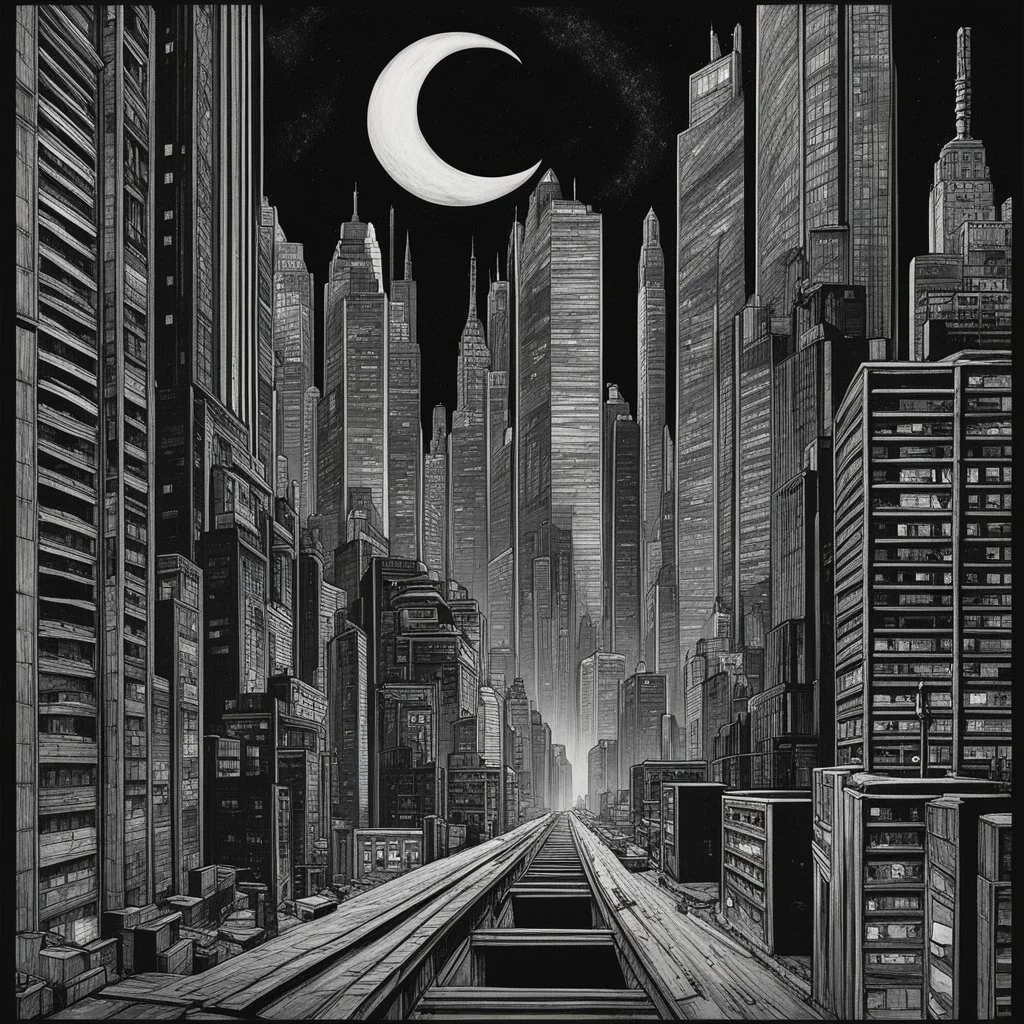 trompe l'oeil illusionistic detail, woodblock stamp print, twilight in the city, skyscrapers, neon lights, crescent moon, graffiti walls, poster art, cyberpunk, futuristic citypunk