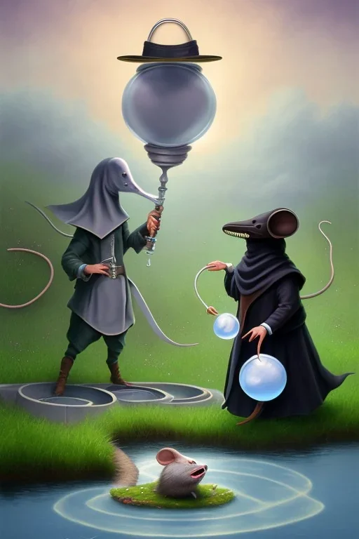 The Plague Doctor and a Mouse happily lost down the river attracted by mutual appreciation of their artistic desires in Bubble world, art by Magritte