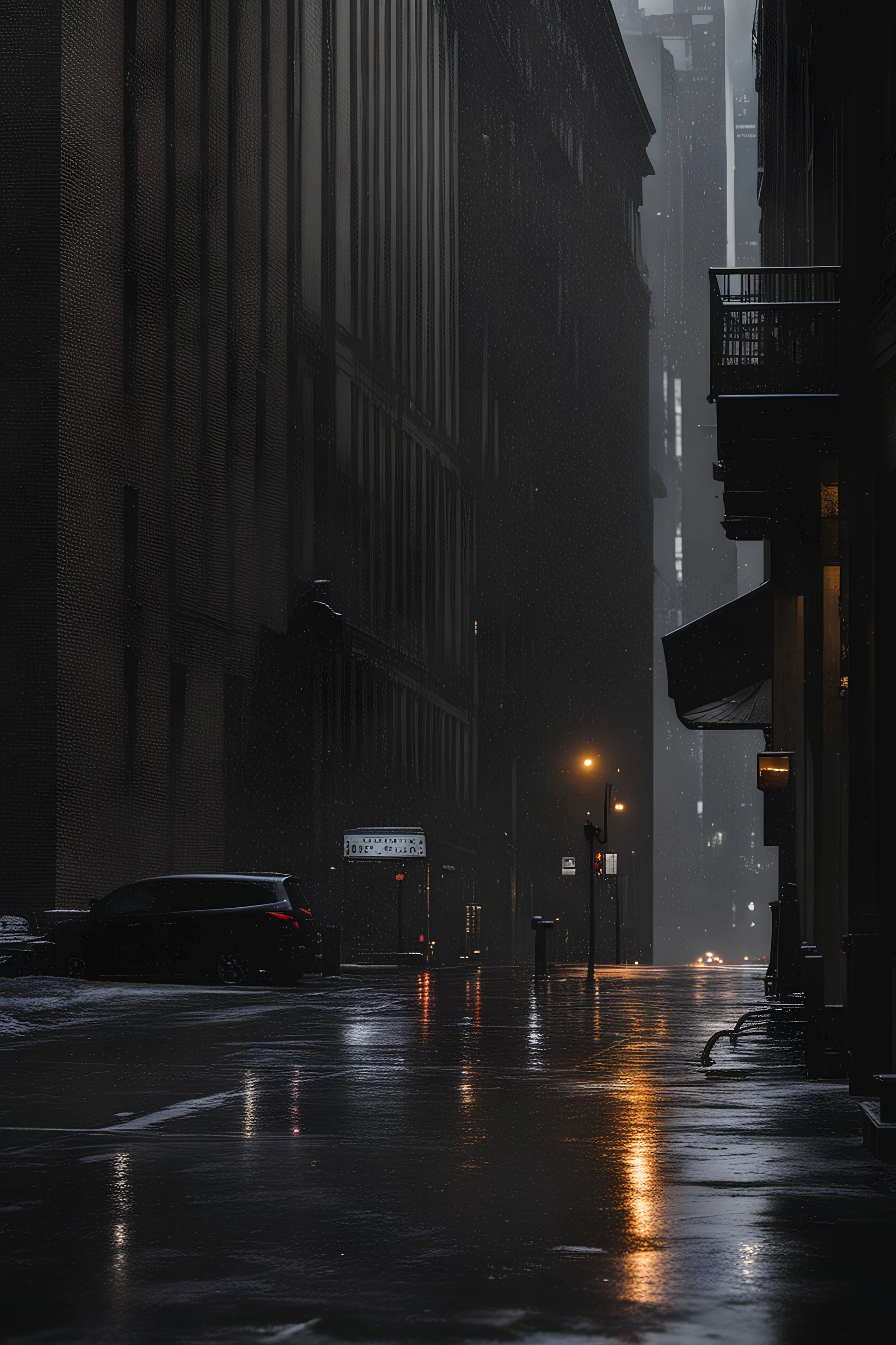 a cold alleyway raining in new york with a grey sky