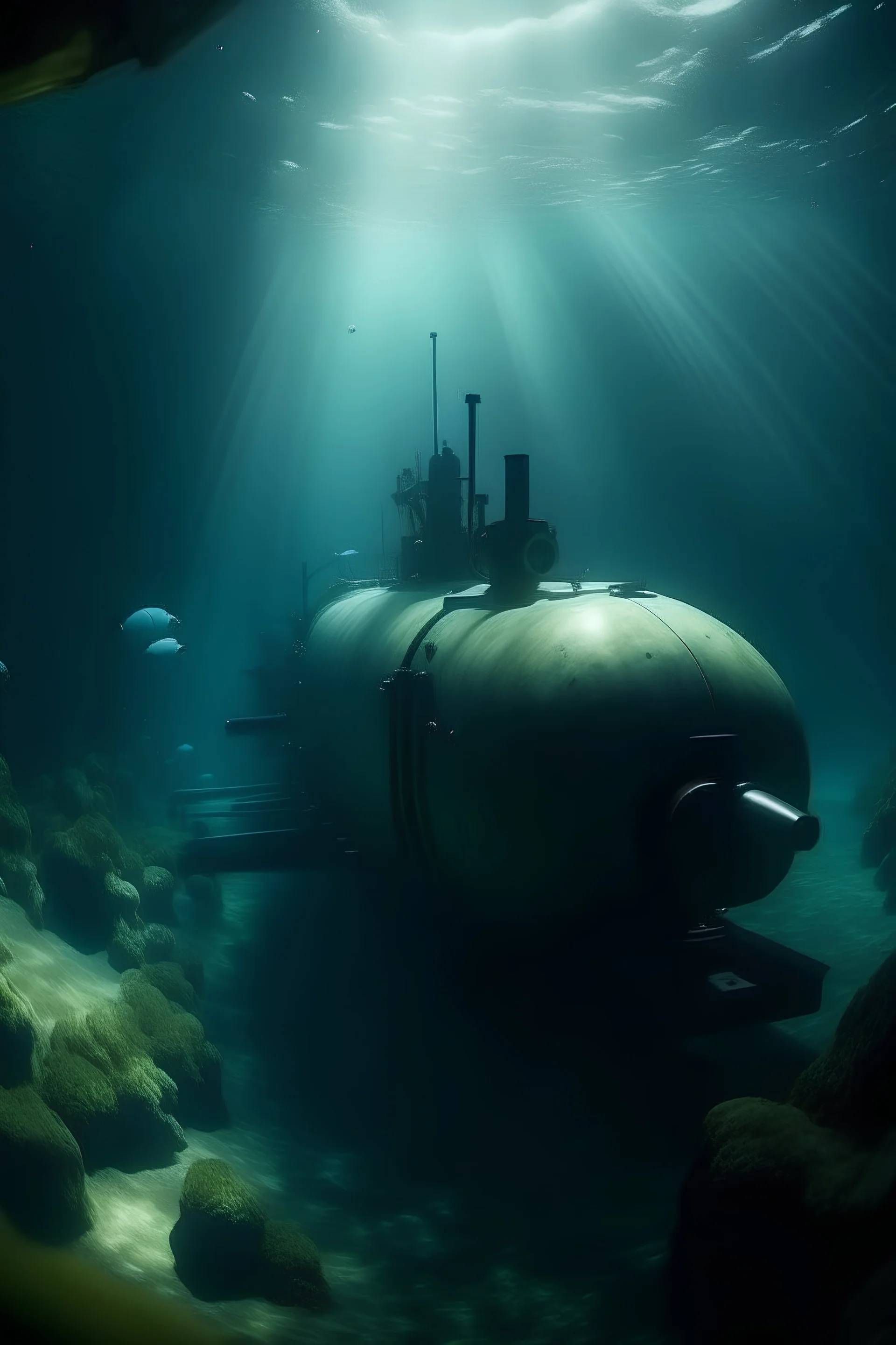 Vista con submarino a lo más profundo del mar con diferentes tipos de animales acuáticos, muy poca luz solar se filtra, una vegetación marina importante , filma suspenso, insertidumbre y curiosidad