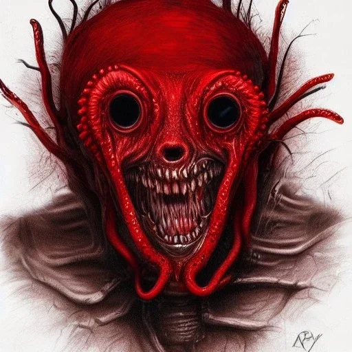 red, tentacles, eyes, teeth, monster, horror, blood, huge, scary, hyperrealism, gore, masterpiece, expert, optic focus