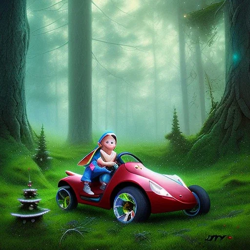 elf in trike in magical forest, spray painting, book illustration