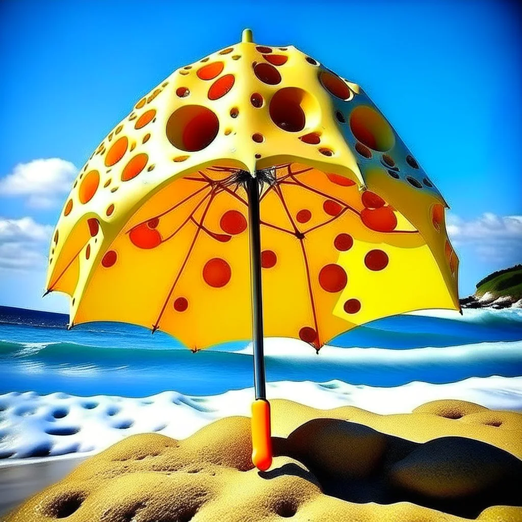 beach umbrella made of swiss cheese, neo surrealism, art from beyond