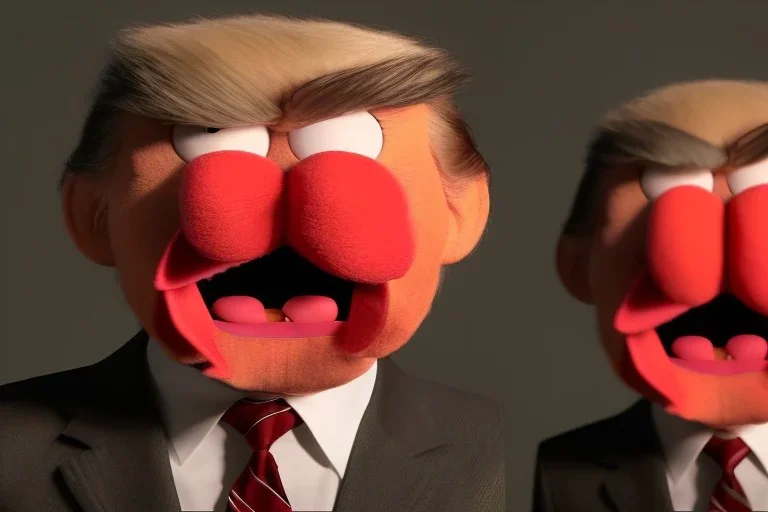 Angry muppet trump with no nose in suit, no tongue, looking forward, face, round puffball nose, eyebrows