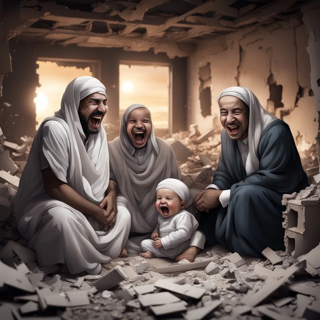 Hyper Realistic Arab leaders laughing & a crying baby in a destroyed house with broken walls at night