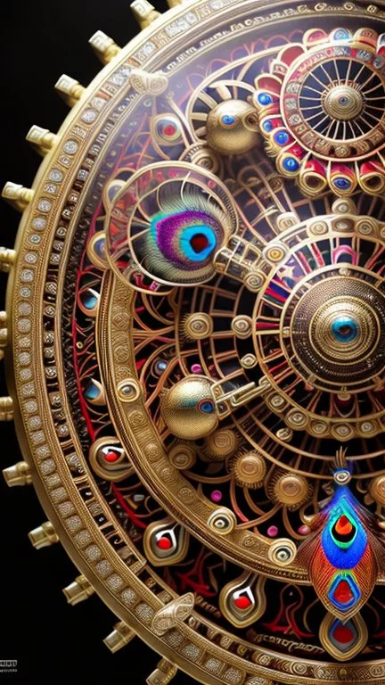 huge red gold black peacock, with clockwork gear on its back, symmetric, mandala, hyper realistic, futuristic, unreal engine5, octane render, 3D rendering, white background, digital art, in the style of Android Jones, mechanism, engine parts, vivid colours, side light, 16k