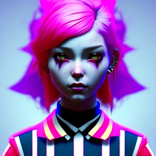 waitress punk teenager, rounded face, pink hair, color cheeks, striped shirt, color ambient light, vibrant color, highly detailed, art stations, concept art, smooth, unreal engine 5, god rays, ray tracing, RTX, lumen lighting, ultra detail, volumetric lighting, 3d, finely drawn, high definition, high resolution.