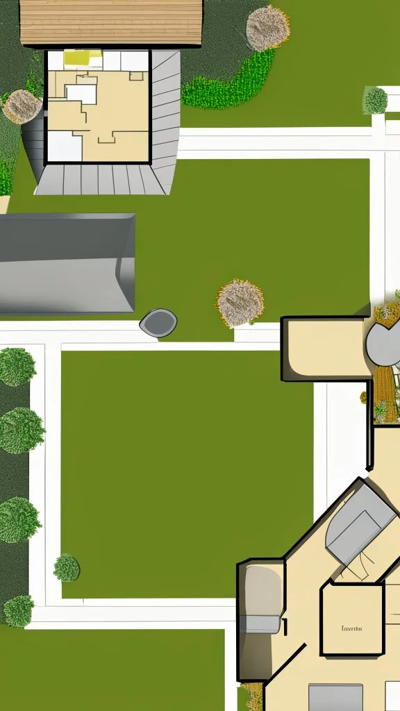 Make a floorplan of a back and front garden using the image as inspiration