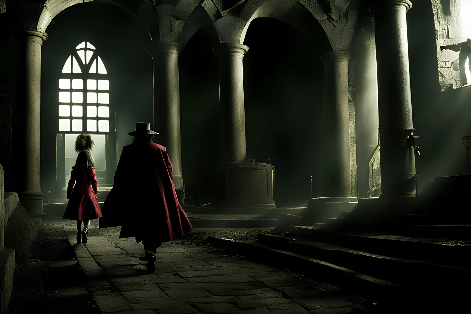 Still frame from the live-action "Hellsing" movie based on the anime of the same name. The scene is of a young Allegra escaping her uncle in the dungeon below the manor.