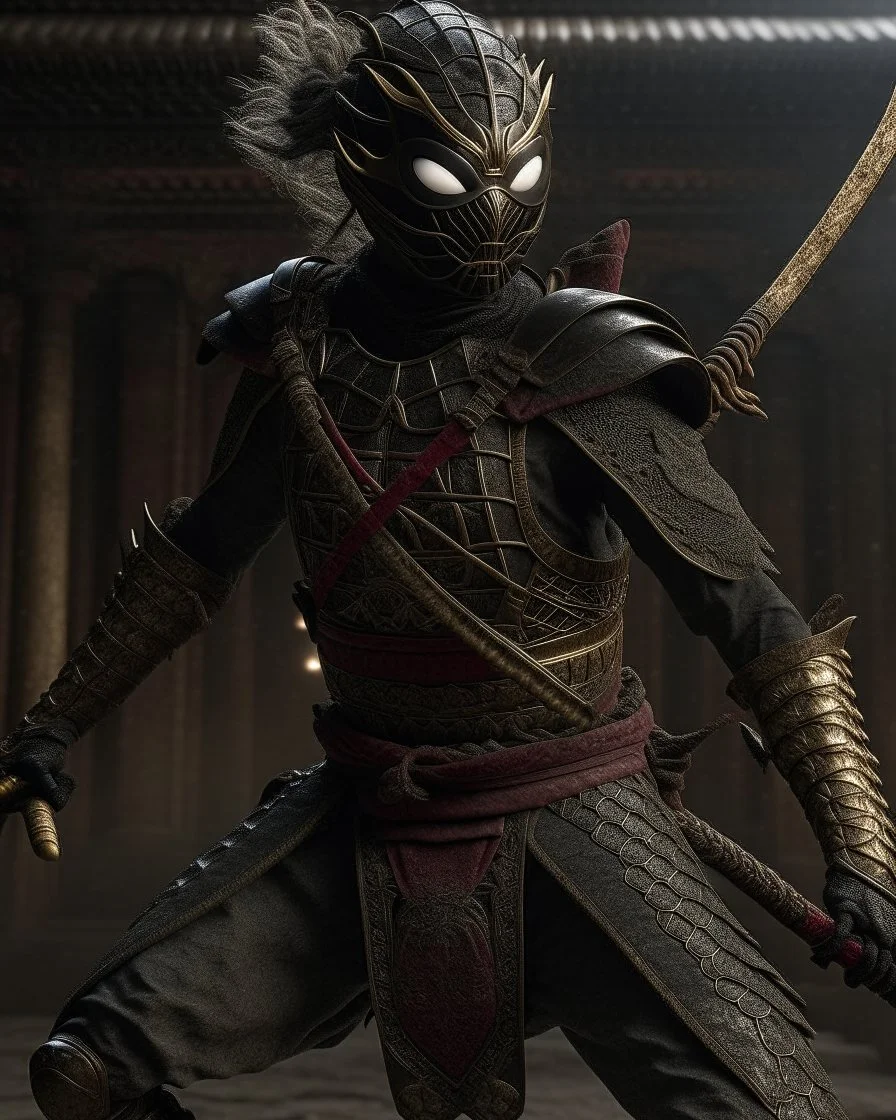 Hyper realistic spiderman ancient samurai style, use samurai weapon, intricate ancient armor, ancient background, elegant, grey and black smoke, stunning, render, hyper realistic, octane render, surrounding by lightning smoke effect