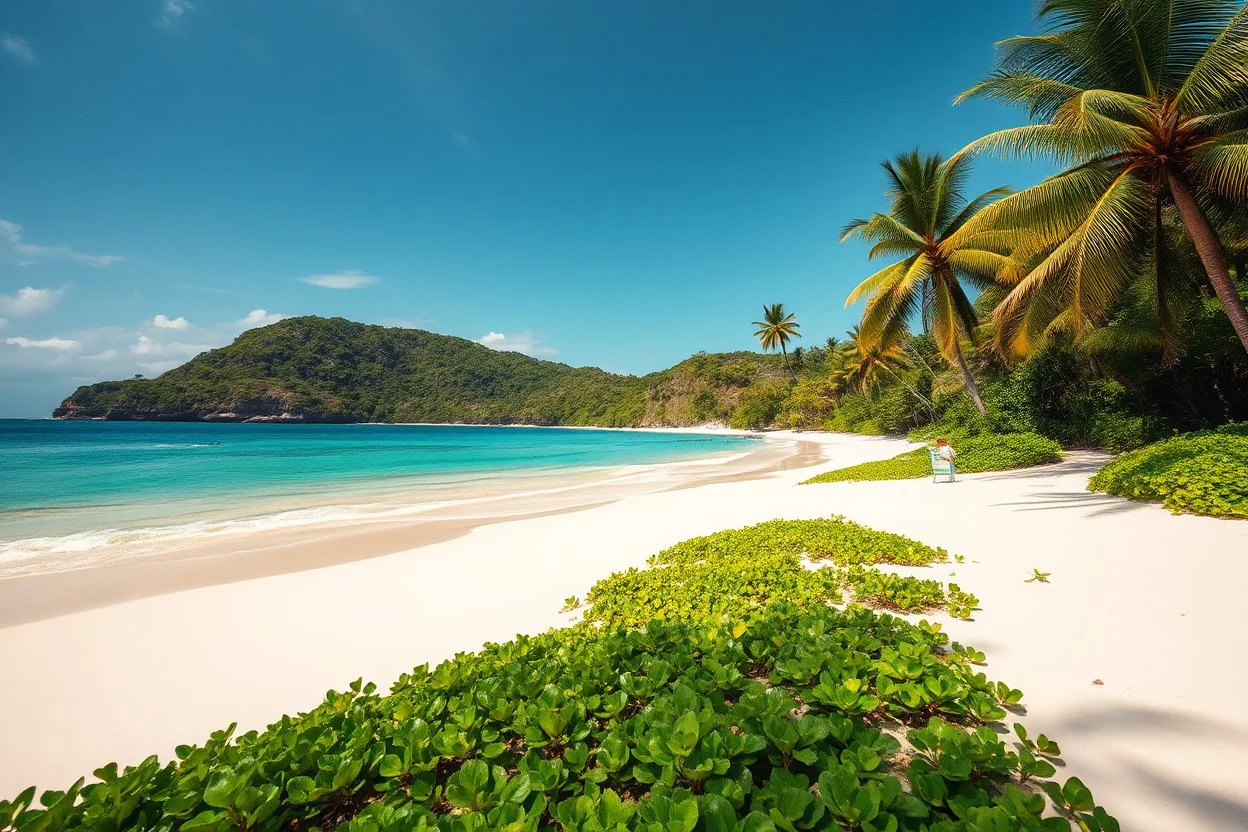 Ultra realistic travel photography of a secluded tropical beach, white sand, turquoise ocean water, lush tropical vegetation reaching the shoreline, palm trees gently moving in the wind, natural sunlight, realistic coastal landscape, untouched wilderness, authentic travel photography, National Geographic style, captured with a professional DSLR camera, ultra photorealistic, RAW photo, HDR, highly detailed, sharp focus, realistic colors, masterpiece, 8k