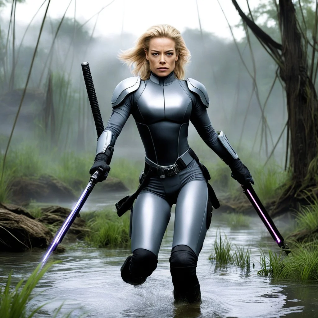 Jeri Ryan as Seven of Nine (born Annika Hansen) is a grey Jedi in fury with her lightsaber in the middle of the battlefield jumping in a swamp during Order 51