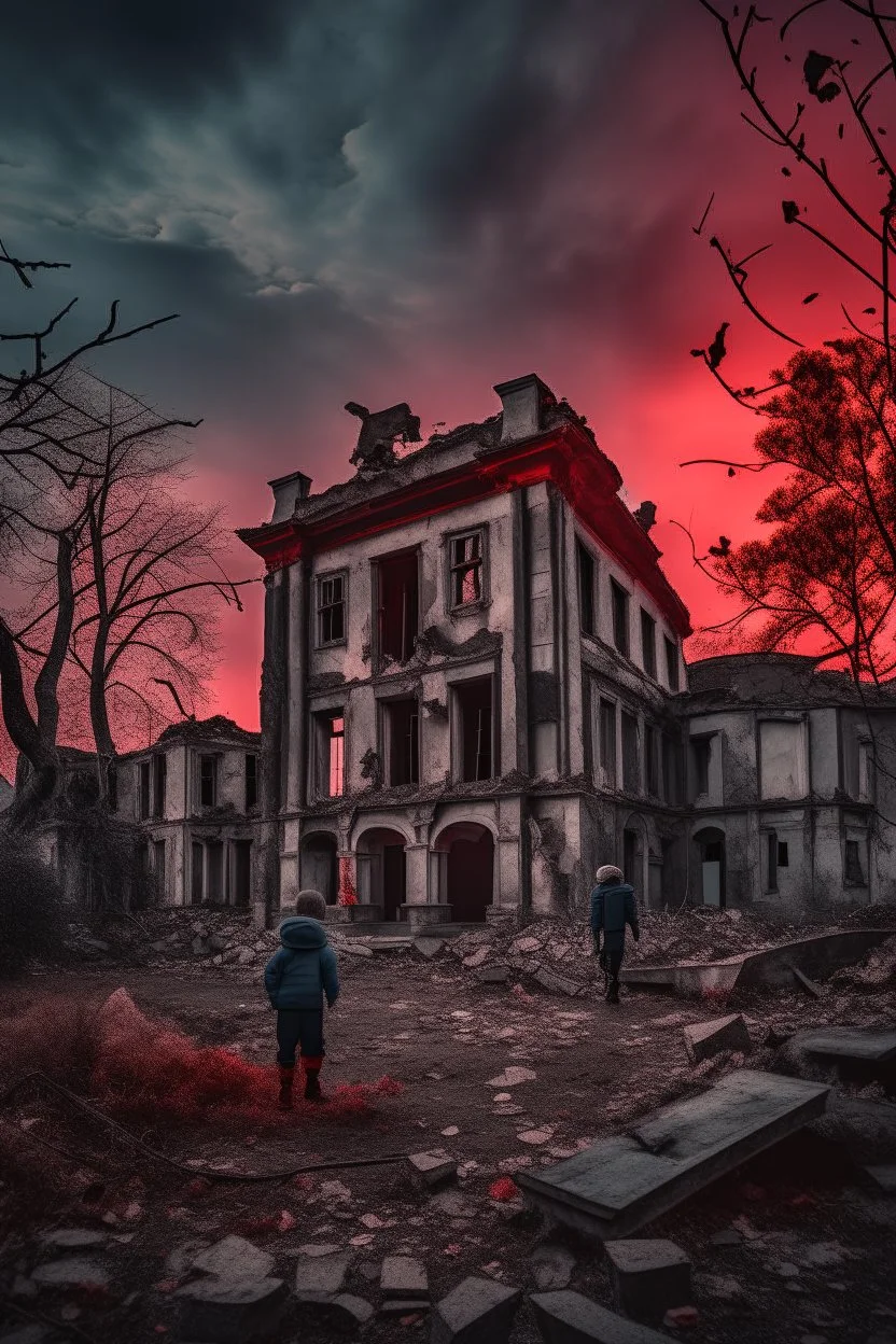 Abandoned ruins of many buildings with dead leaves and trees and children , red clouds in the sky with a dark black moon