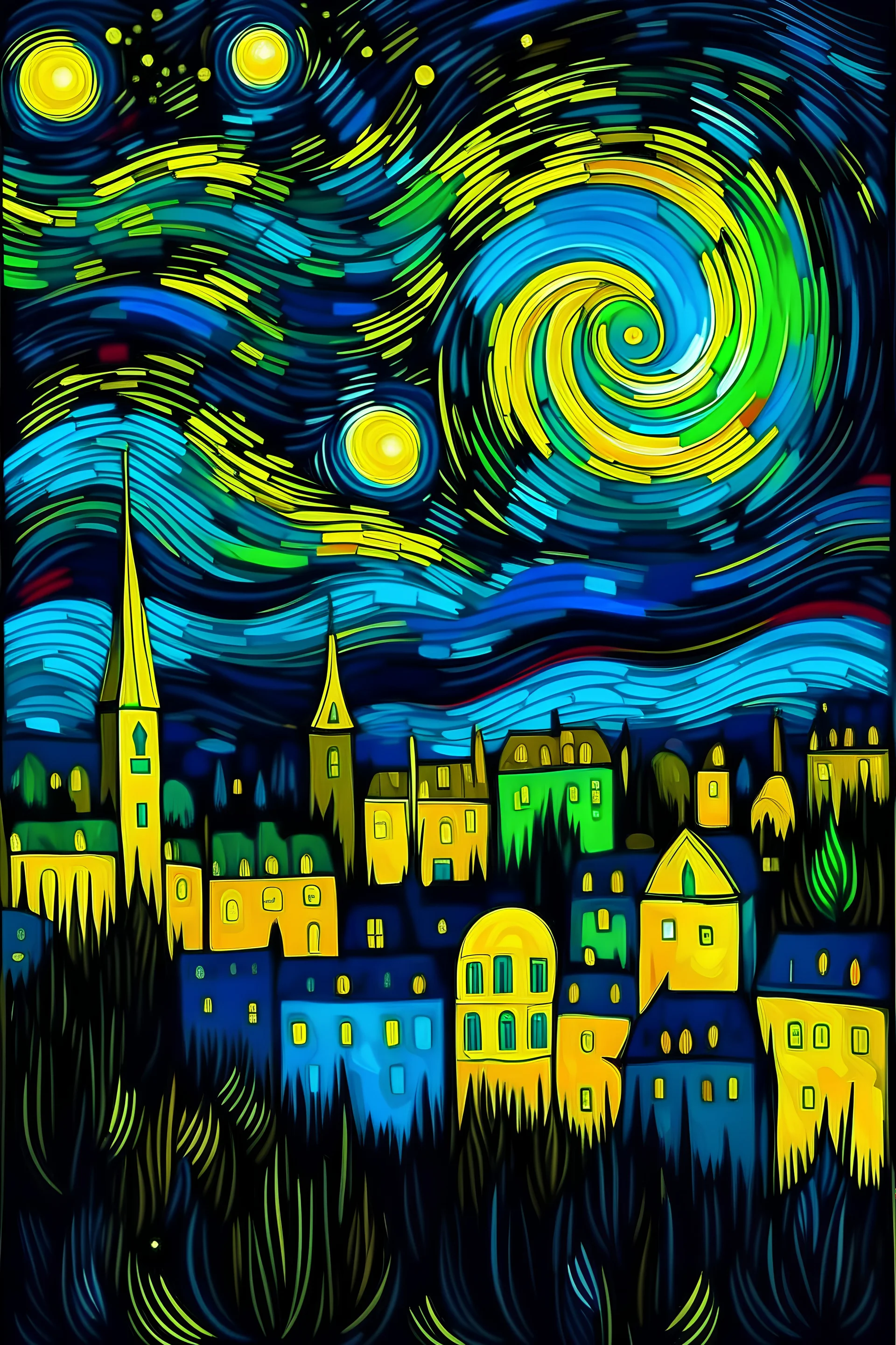 una ciudad al estilo van gogh noche estrellada