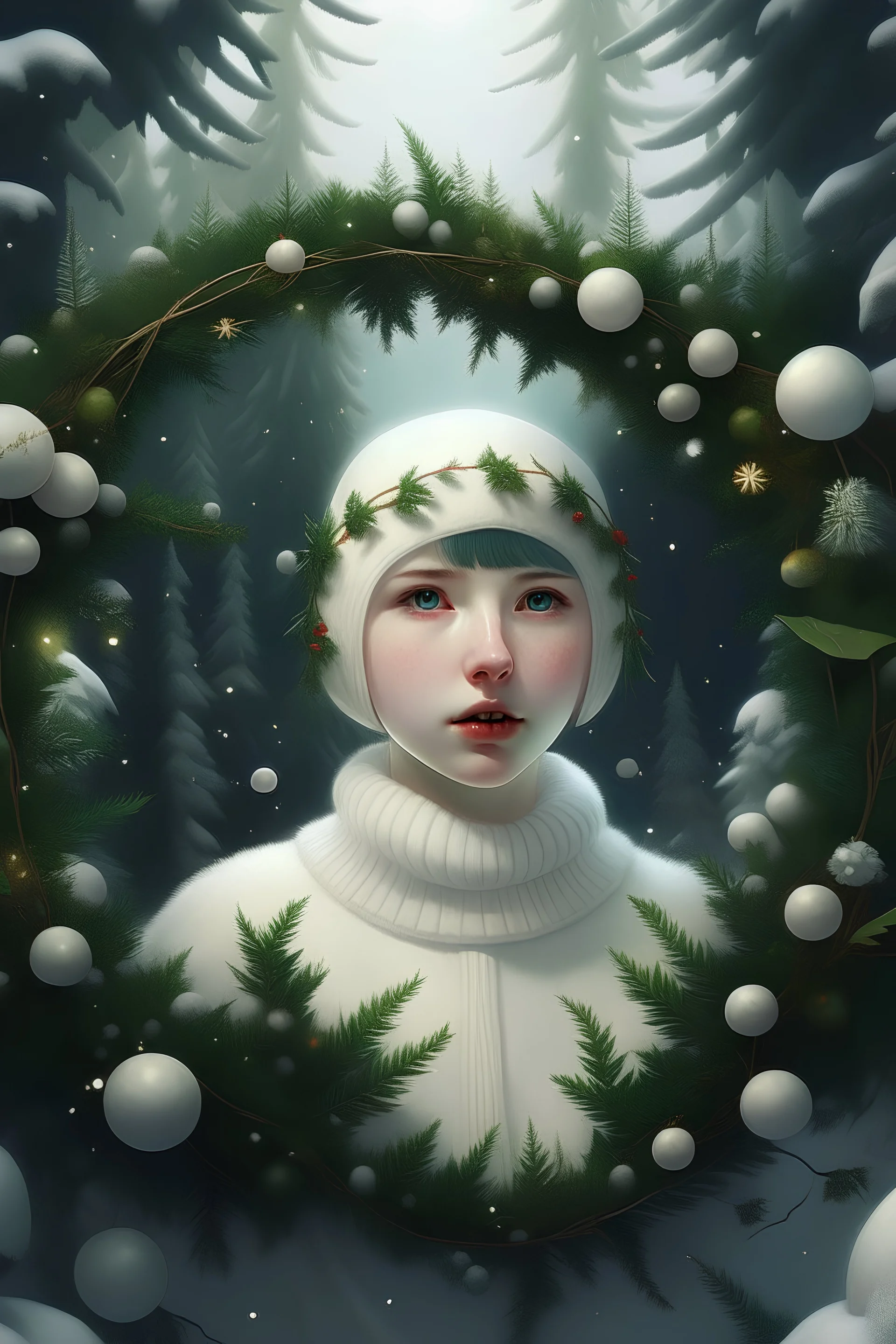 photorealistic Cute fantasy white Christmas fawm wearing a wreath around neck; big pine trees all around; in the style of Bastien Lecouffe Deharme