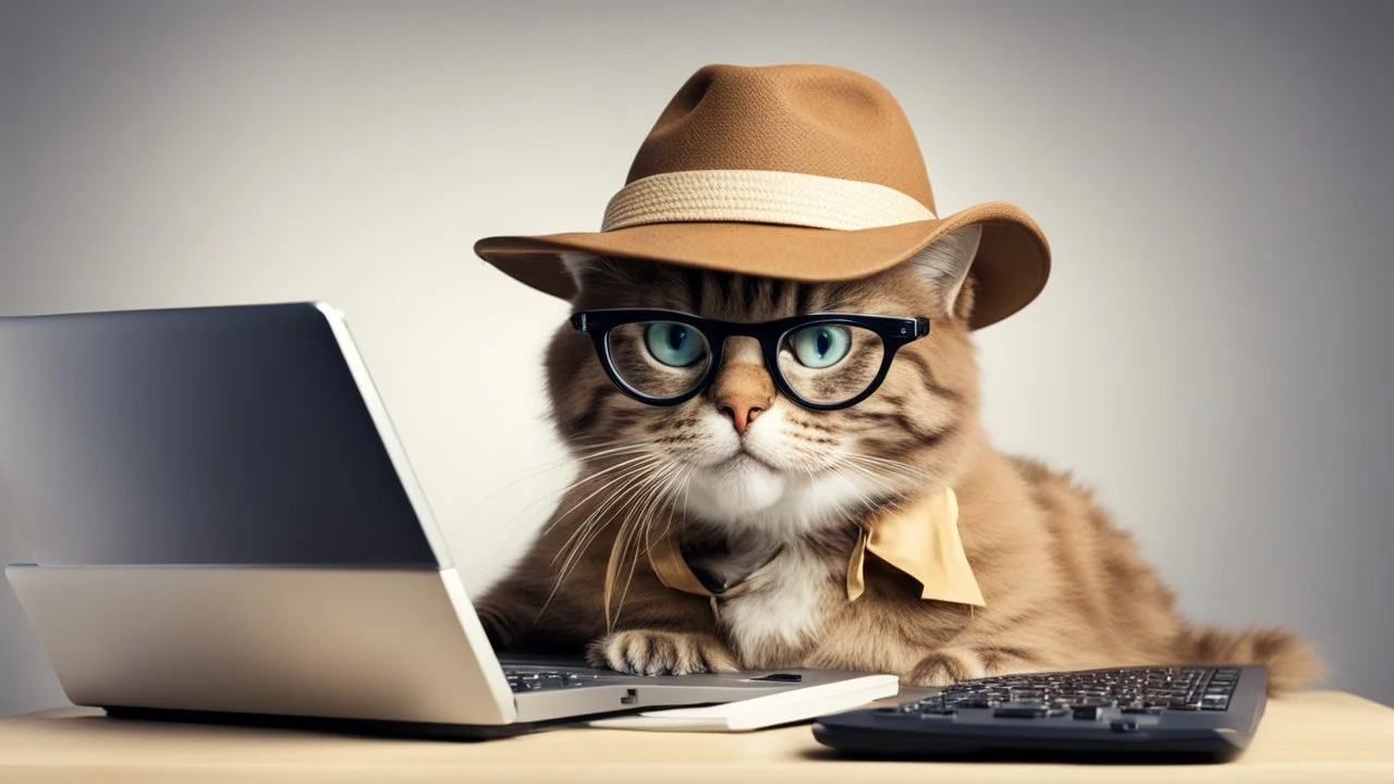 very clever cat with glasses and panama hat playing computer games