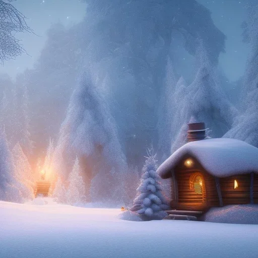 Mysterious christmas night, a lonely hut, surreal atmosphere, cosmic backdrop, celestial ambience, soft lighting, very chilly appearance of the surroundings, unreal engine 5 volumetric lighting, intricate details, realistic style, 8k resolution