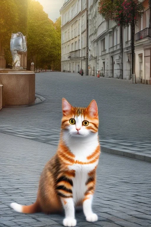 Small cat sitting in the foreground of street in Vienna Austria