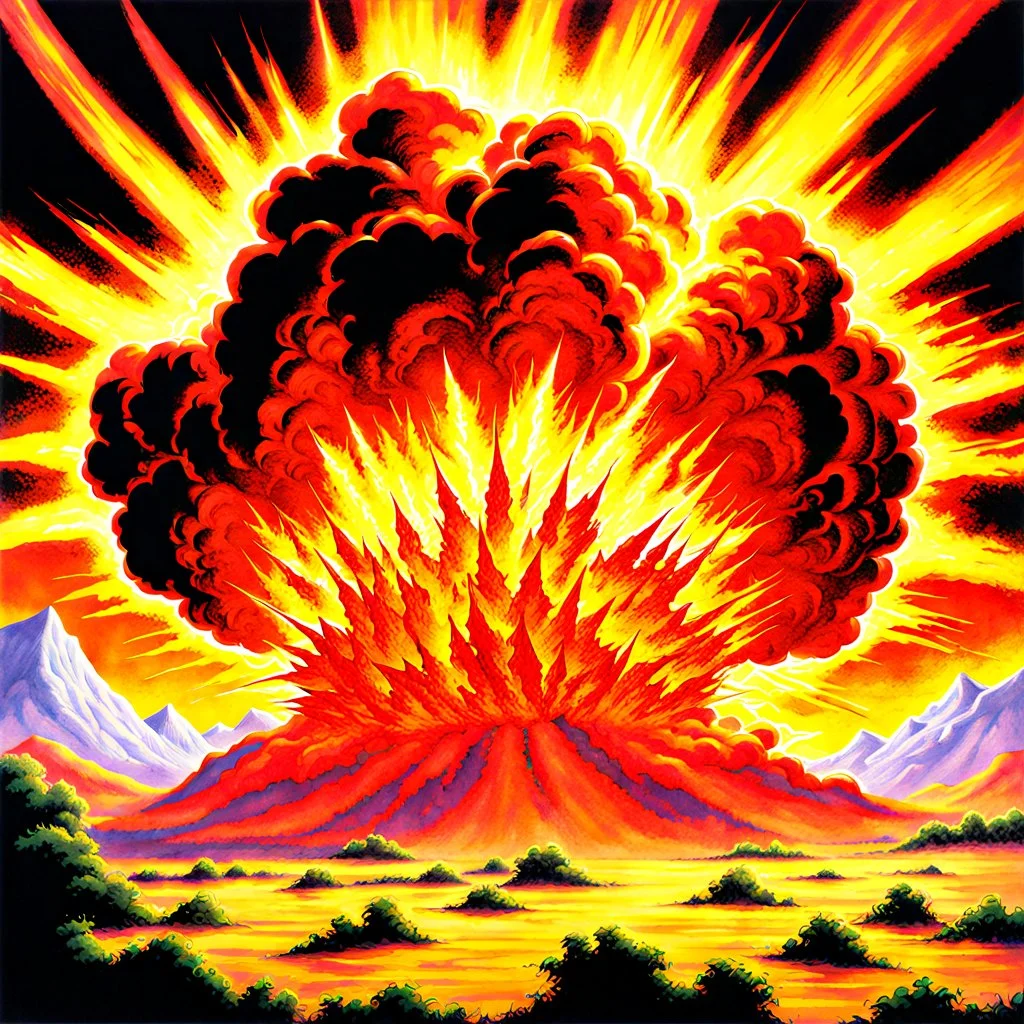 90's TCG art retro fantasy art of a huge explosion