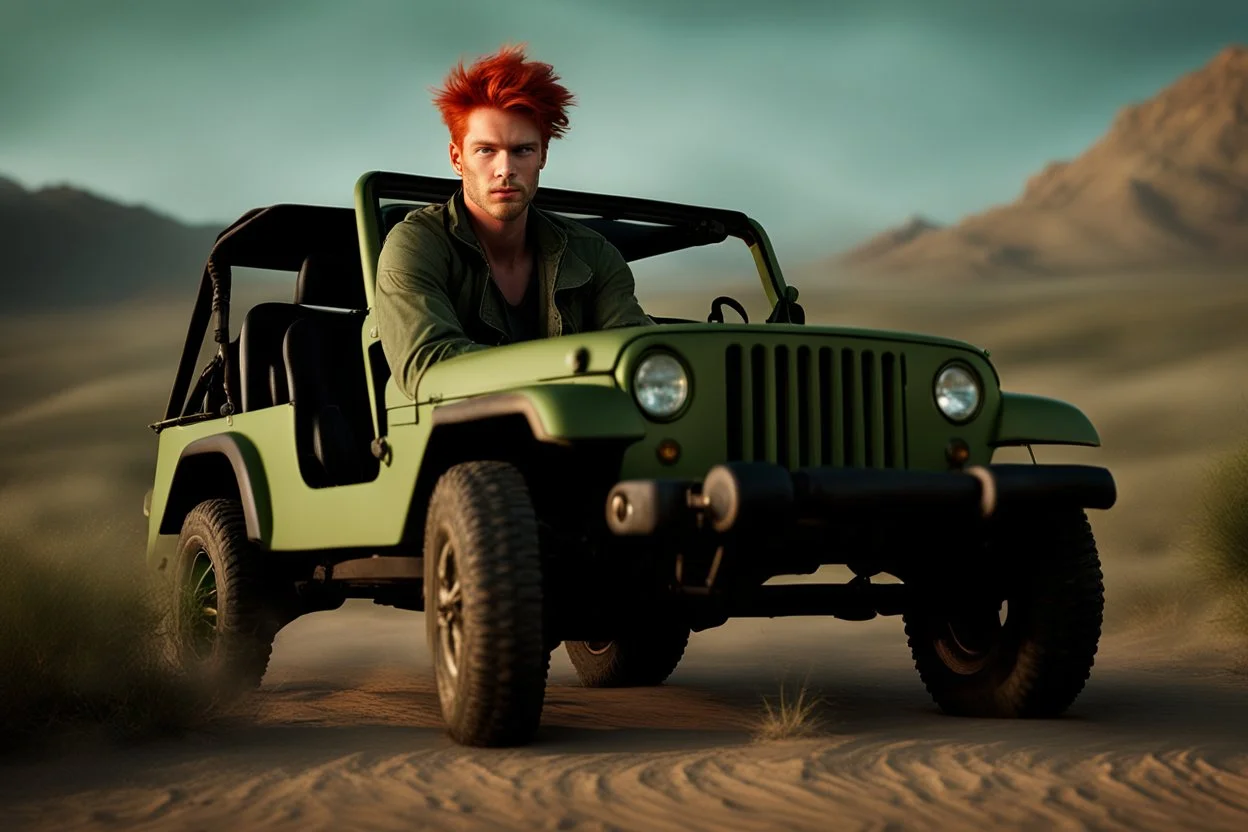 young rough and rugged male photorealistic red hair and green eyes smirking expression sitting in a jeep