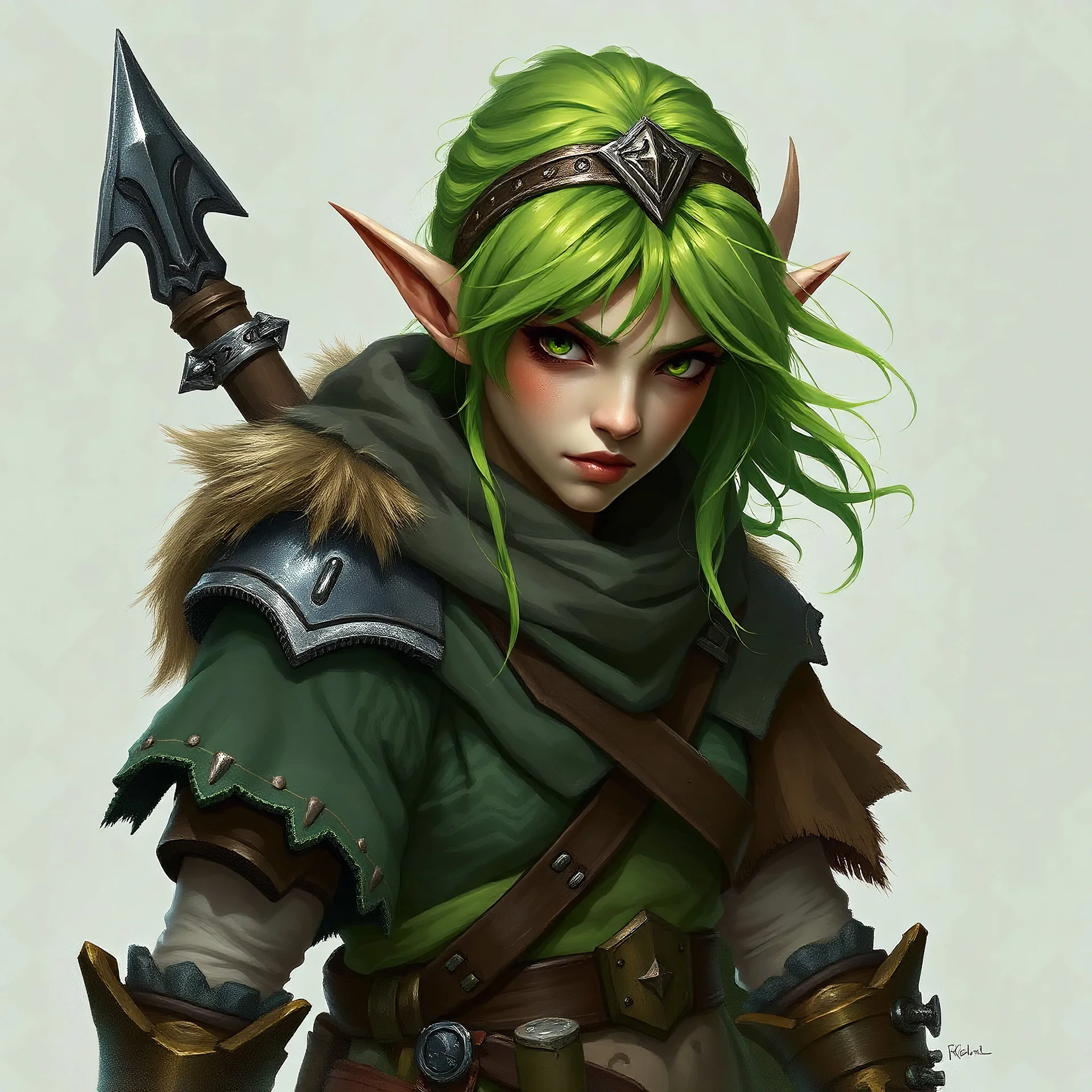 dnd elf warrior with green hair