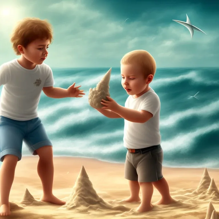 child in white playing by himself with a castle of sand at the beach near a starfish