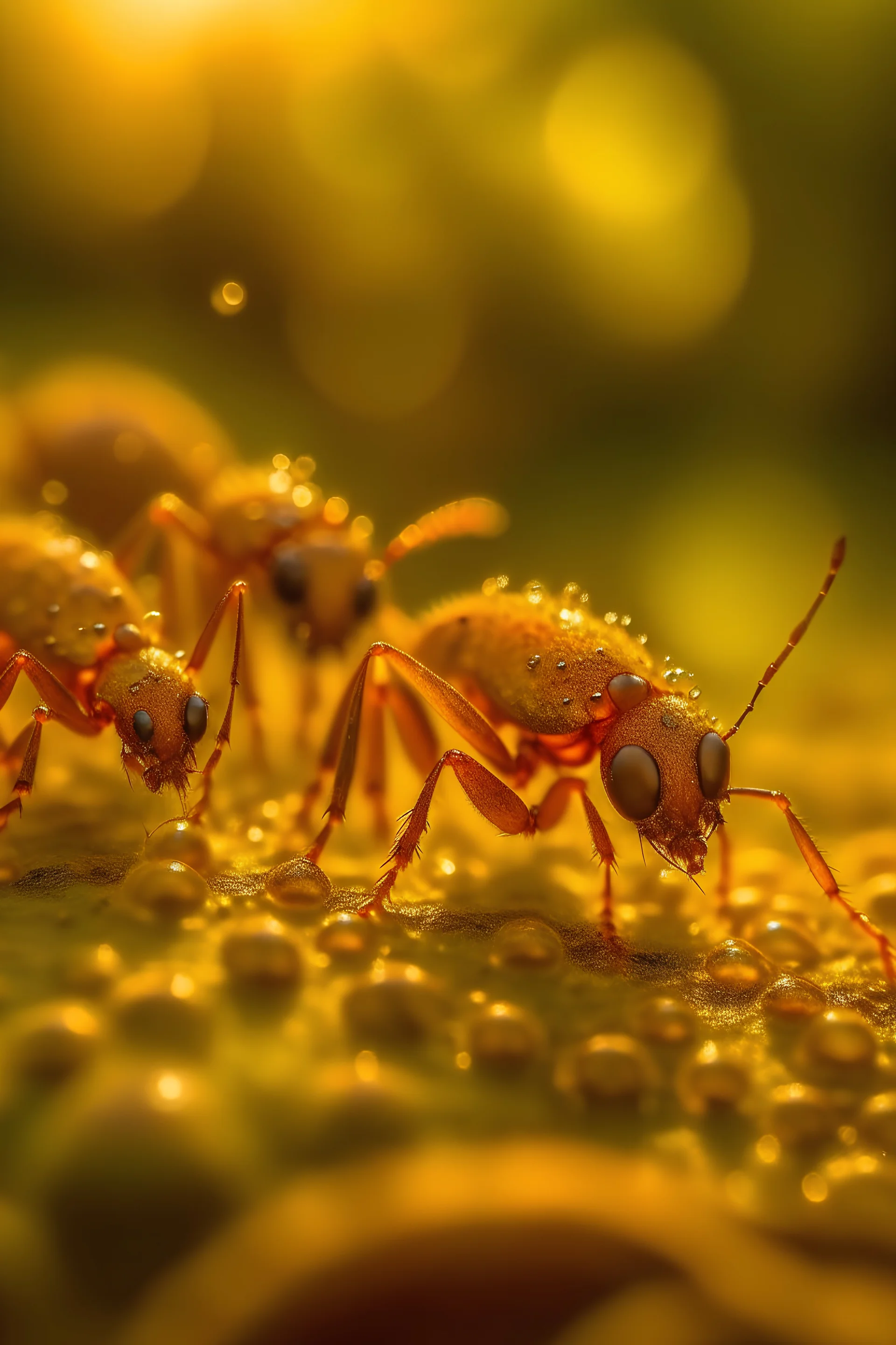 photograph of, At sunrise, yellow ants, macro, with dew