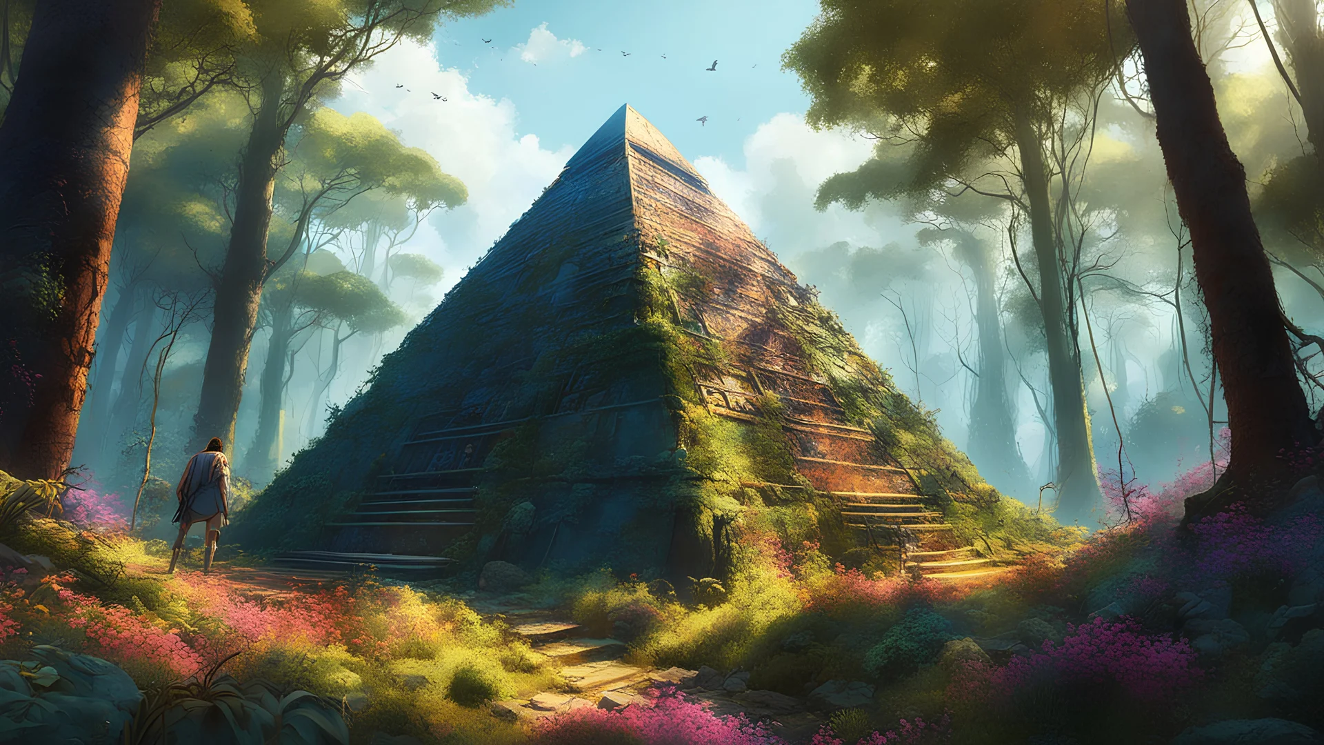 decayed egyptian pyramid in a forest, rust, moss flowers, vines, Digital illustration, very vibrant colors, soft lighting, adventurous, atmospheric lighting, 8K, octane render, By Makoto Shinkai, Stanley Artgerm Lau, WLOP, Rossdraws, warriors fan art, James Jean, Andrei Riabovitchev, Marc Simonetti, krenz cushart, Sakimichan, D&D trending on ArtStation