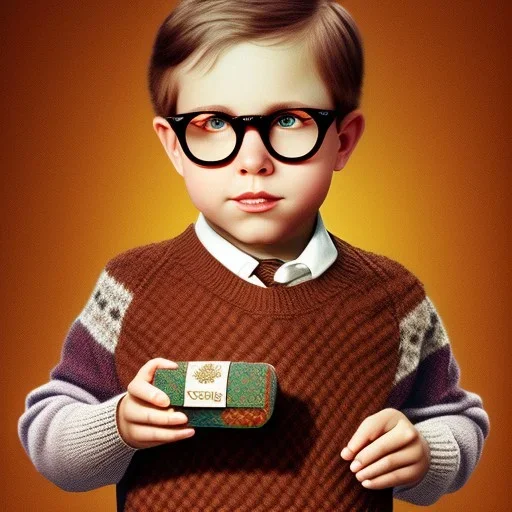 Peter Billingsley chubby kid Tortoise-shell glasses, holding A ((dark red soap bar)) in his hand, brown argyle sweater