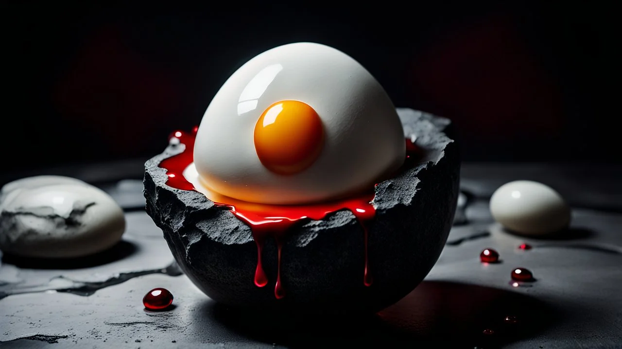 In a surreal dreamscape, fried egg with dark red center on black marble rock-like statute. The dark deep colors of the surrounding environment cast dramatic shadows, red droplets around egg , The dreamlike atmosphere is charged with a subtle thriller vibe, as the egg seems to pulse with a mysterious life force.