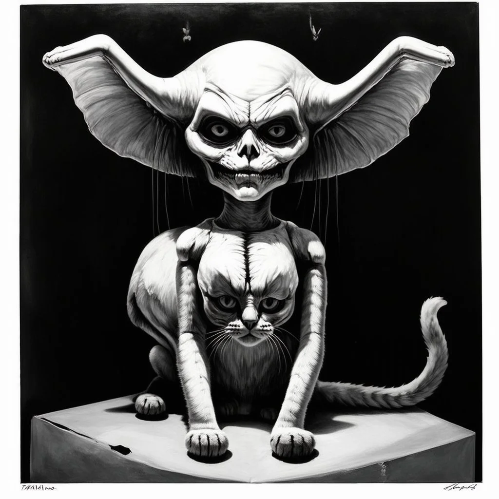 embalming horror tragedy of the commons, by Rufino Tamayo and H.R. Giger, by Stephen Gammell, unbalanced, offset, non-symmetrical surreal horror, genetic abrogation, "Slayer" album cover, Kitty Kitty like a dead doll - like a dead toy, meow meow meow