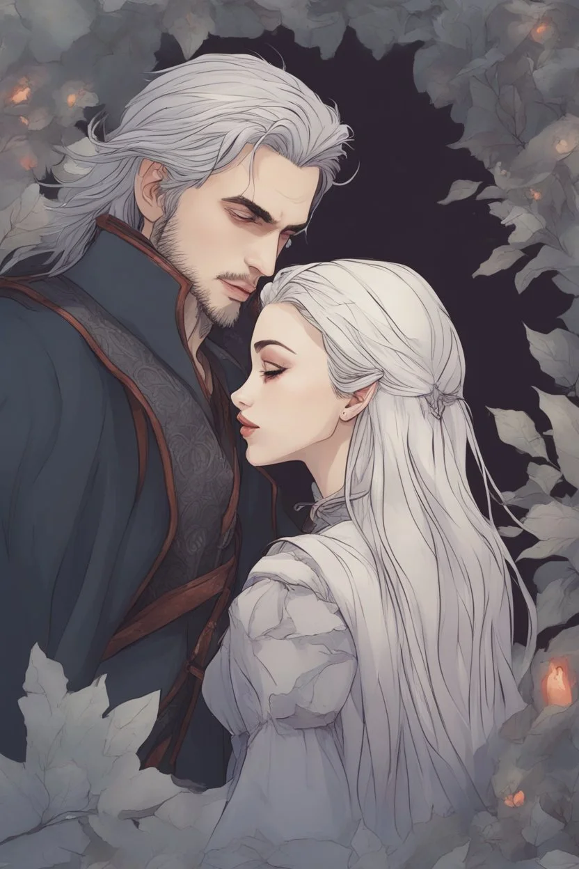 A couple from the dnd game curse of Strahd kissing. She has white hair he has long black hair. Romantic, sweet, loving, possessive, protective, kiss