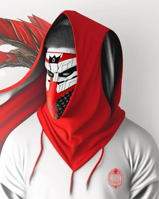 Draw an illustration with a red and black hood and a dragón mask over they eyes, front view