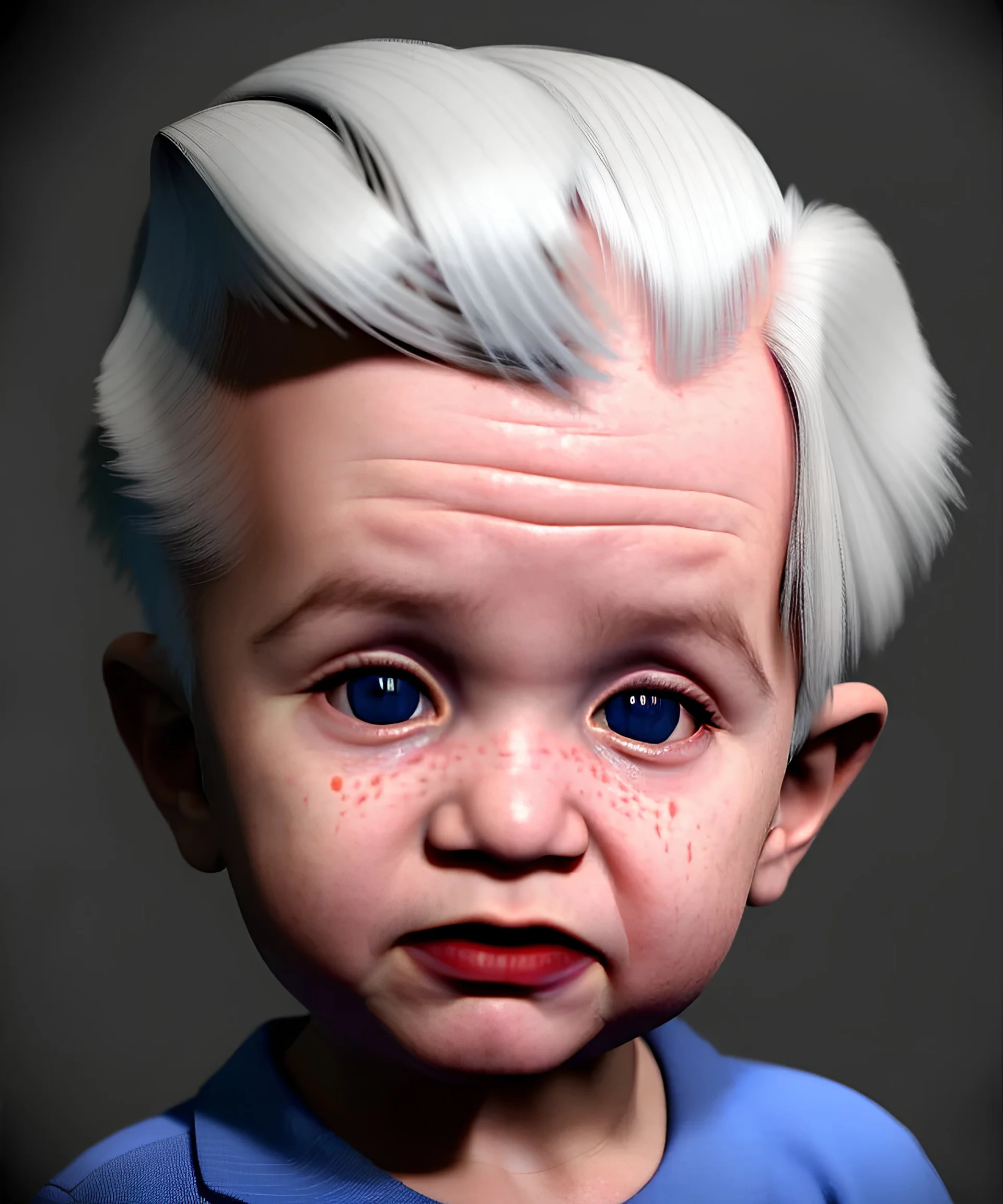 Pedro almodovar toddler, full body, white hair, diagonal shirt, dramatic lighting, hyper realistic