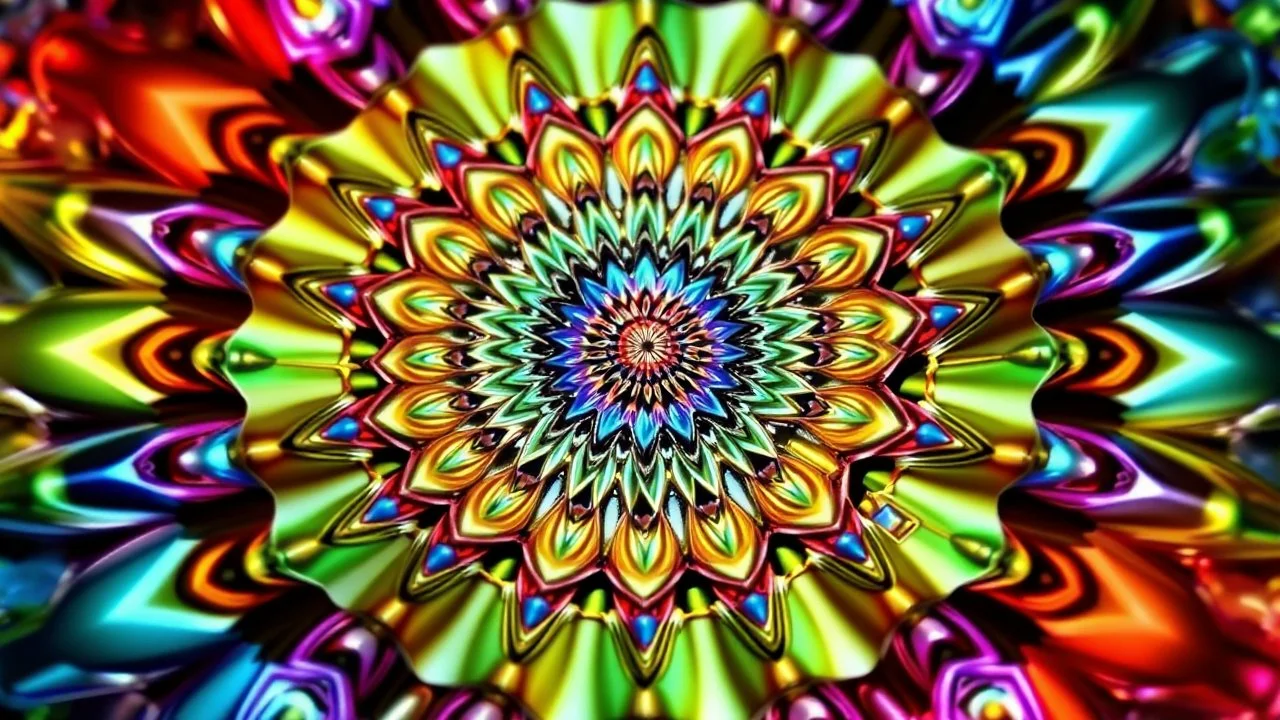 3d mandela fractal made of a metallic random color objects turning many times likr Spirograph drawing Kaleidoscope Ruler Set creation