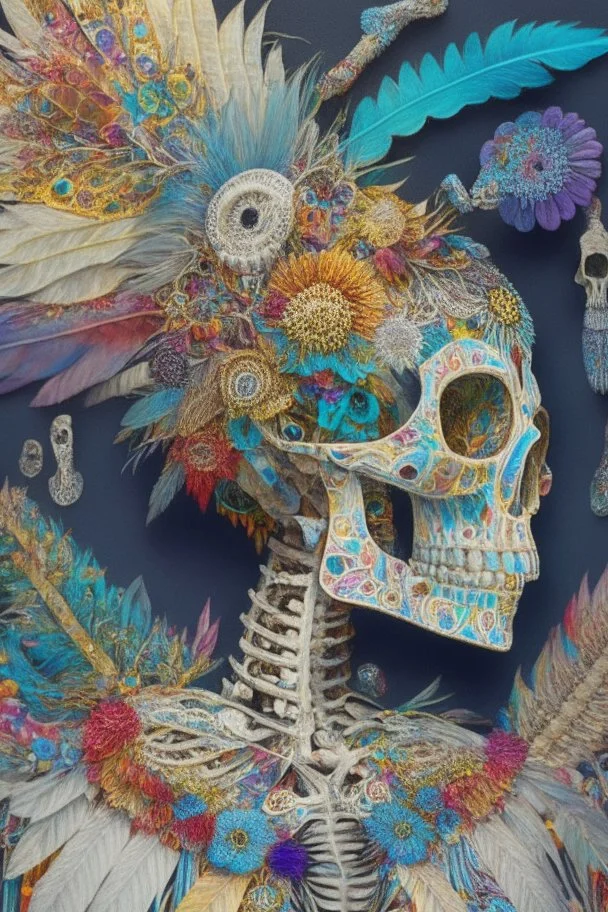 Painting entitled "If you only opened your mind, perhaps your brain could fall out"; neo-surreal skeleton wearing a designer outfit painstakingly sewed together from a patchwork of mixed media including feathers, foliage, flowers, gemstones, and shiny sequins that reflect the sun; quilling, award-winning, masterpiece, portfolio piece, fantastical, Intricate, provocative, superbly detailed, Holographic, Magnificent, Meticulous, Mysterious