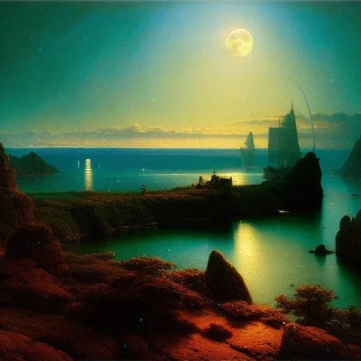 Drawing of 'Viking settlements',mountain,coast,ships,full moon, by gaston bussiere, greg rutkowski, yoji shinkawa, yoshitaka amano, tsutomu nihei, donato giancola, tim hildebrandt,oil on canvas, cinematic composition, extreme detail,fit full head inside picture,16k