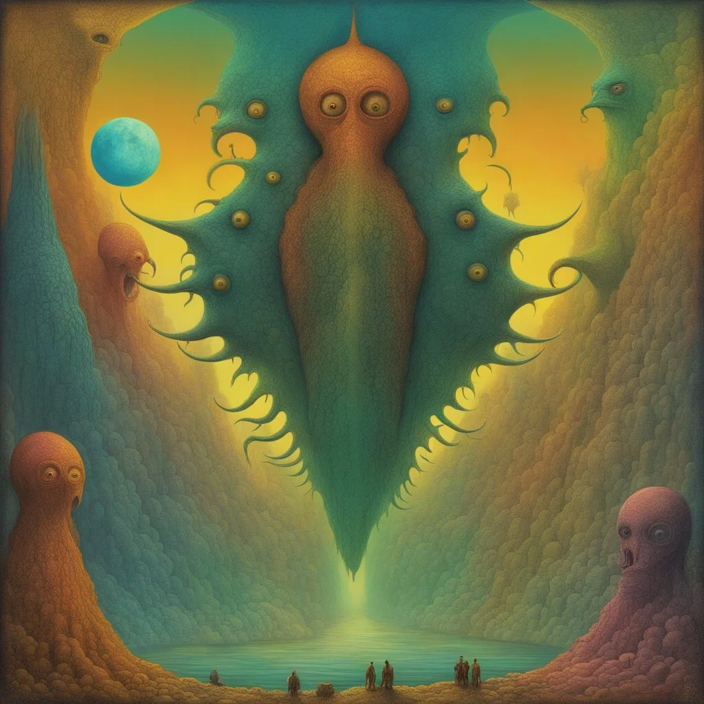 Bright colors, lovecraftian nightmare contrivance, by Zdzislaw Beksinski, by Andy Kehoe and Max Ernst and Squeak Carnwath, surreal and abstract, dynamic diagonal composition, sinister, rich pastel colors, expansive, grand, impossible magnificence, octane render, opulent weirdness, Glory to the Grotesque, symbolism, rule of thirds