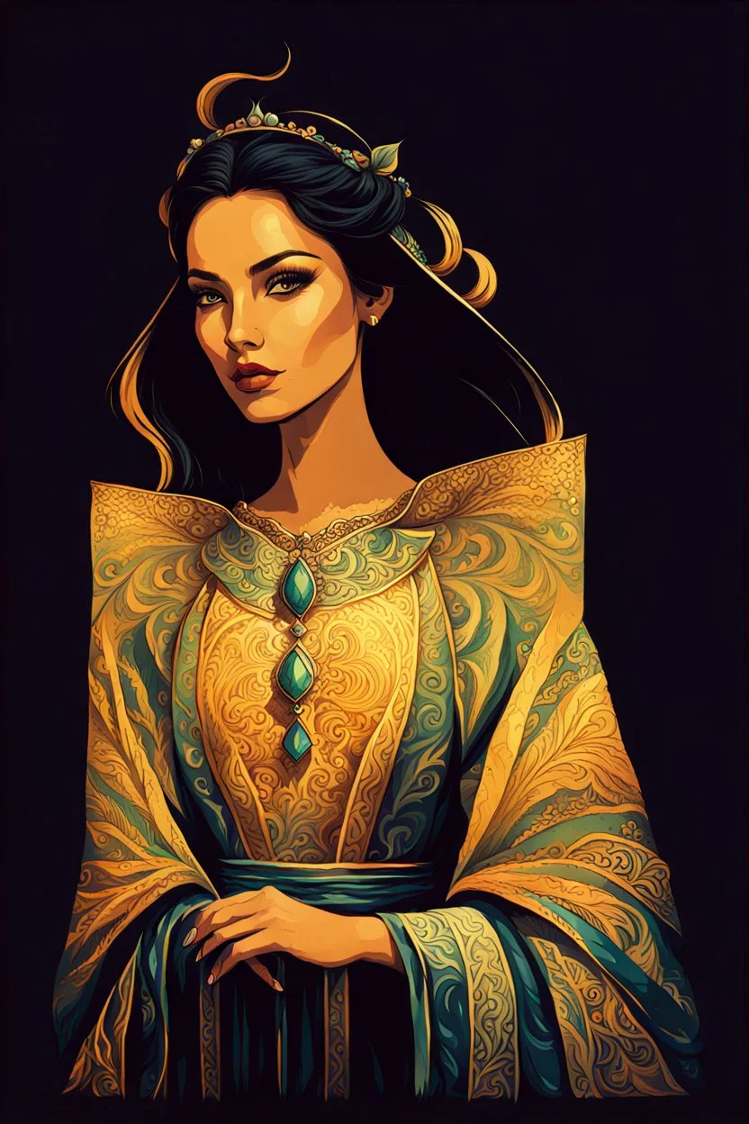 create an abstract impressionist, ethereal, darkly magical lithographic print illustration of an epic female Andalusian sorceress with highly detailed and deeply cut facial features