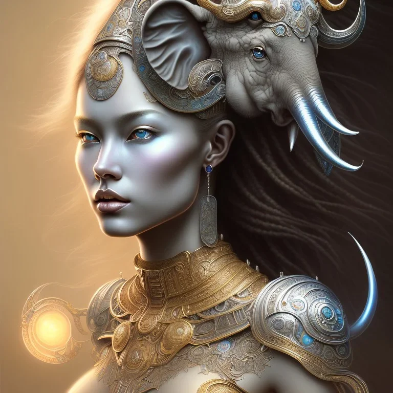 ssango fantasy, fantasy magic, intricate, sharp focus, illustration, highly detailed, digital painting, concept art, matte, artgerm and paul lewin and kehinde wiley, masterpiece silver elephant head bronze Asian African girl nice breast Hawaiian hair turquoise golden waves